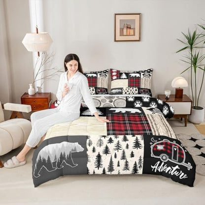 Bear Comforter Set King Size,Pine Trees Animals Hunting Bedding Set for Kids Boys Girls Adults Room Decor,Camping Adventure Rustic Farmhouse Down Comforter,Red Plaids Duvet Insert,2 Pillowcases
