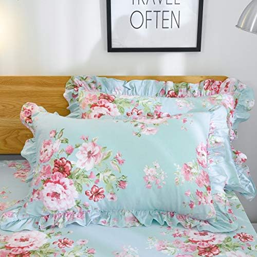 FADFAY Farmhouse Shabby Pink Floral Chic Bedding Set Rose Floral Bedskirt Set 100% Cotton Exquisite Craft Ultra Soft 4-Piece Queen Size