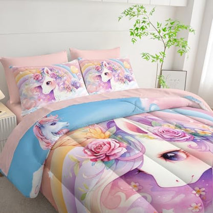 Nttopship Kawaii Rainbow Unicorn Comforter Set Full for Girls Kids,Cute Cartoon Unicorn 7 Pieces Bedding Sets for Girls Room Decor,Kawaii Down Alternative Comforter Set for All Season