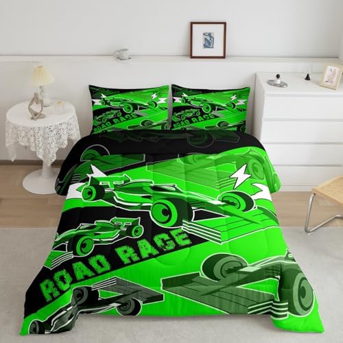 Erosebridal King Size Race Car Comforter Set for Boys Sports Car Bedding Set Cool Racing Car Bed Set for Boys Girls Kids Adult,Black Green Race Cars Gaming Bedding Sets Car Bedroom Decor 3Pcs