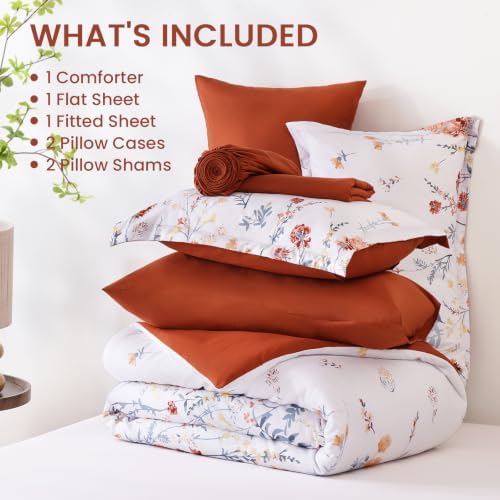 7 Piece Floral Full Size Comforter Set,Burnt Orange Cute Bedding for Girls