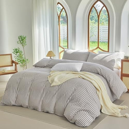 Striped Duvet Cover Set Full Size 3 Piece 100% Washed Cotton Linen Feel Bedding Set Comfy Breathable (Full, Classic Stripe-Mauve Brown/White)