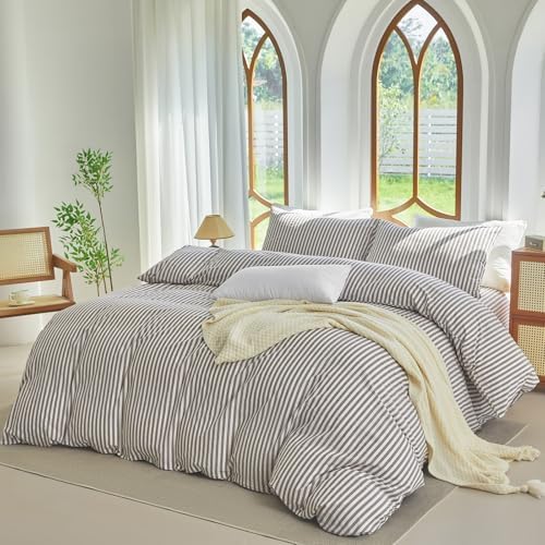 Striped Duvet Cover Set Queen Size 3 Piece 100% Washed Cotton Linen Feel Bedding Set Comfy Breathable (Queen, Classic Stripe-Mauve Brown/White)