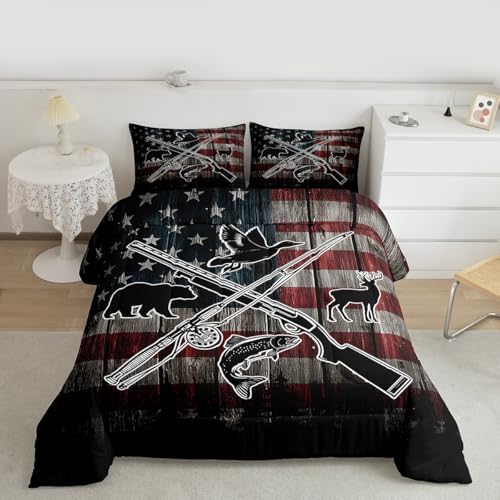 Homewish Retro American Flag Comforter Set King Size,Hunting and Fishing Bedding Set,Duck Deer Bear Bass Fish Wild Animals Theme Quilt Set for Kids Boys Men Teens Room Decor,Rustic Duvet Insert 3Pcs