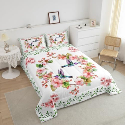Homewish Spring Hummingbird Comforter Set King Size,Cherry Blossom Bedding 3pcs, Green Leaves Botanical Quilted Duvet Nature Animals Insert,2 Pillowcases (TYTS6656ZMD-BZ_USk)