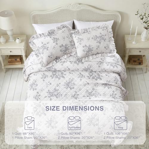 HORIMOTE HOME Greyish Blue Ruffled Quilt Queen Size with 2 Pillow Shams, Shabby Chic Reversible Floral Bedspread Coverlet, Soft Lightweight Comforter Bed Cover for All Season, 3 Pieces, 90x96 inches