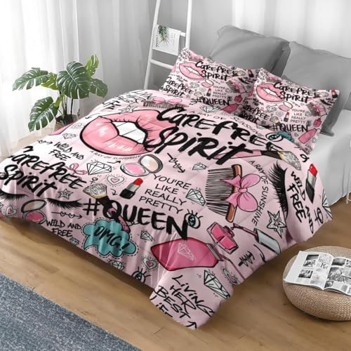 Pamnest Full Comforter Set, 3 Pieces Makeup Pink Bedding, All Season