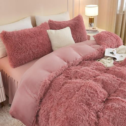 Andency Old Pink Queen Comforter Set, Fluffy Faux Fur Warm Bedding Set