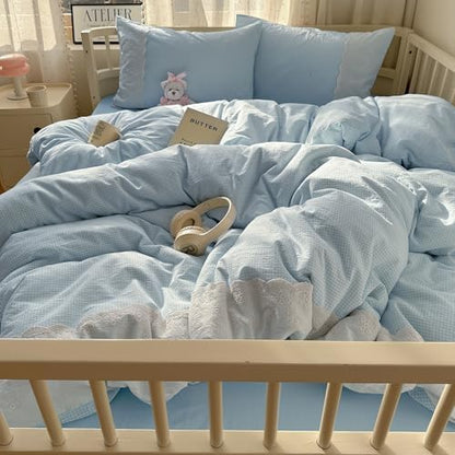 mixinni Blue Gingham Duvet Cover Twin Size - 3 Piece Cottagecore Plaid Bedding Set with Lace Trim, Soft Washed Microfiber Vintage Aesthetic Grid Comforter Cover & Pillow Shams, (Blue White Gingham)