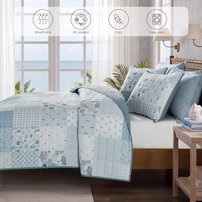 Queen Quilt Set-3 Pieces Soft Bedding Lightweight Floral Patchwork Coverlet