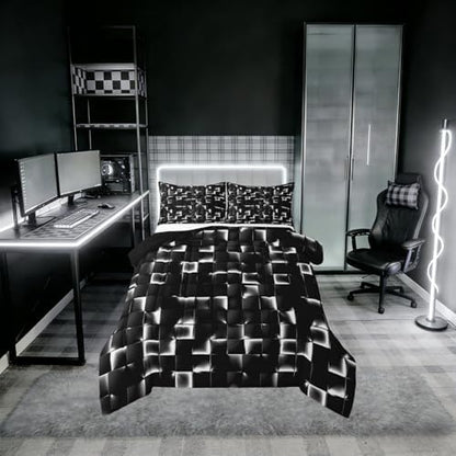 Erosebridal Geometric Checkered Comforter Queen Size Neon Black White Comforter Set for Kids Teen Men Gamer Room Decor,Abstract Ombre Plaid Bedding Set Grids Quilt Duvet