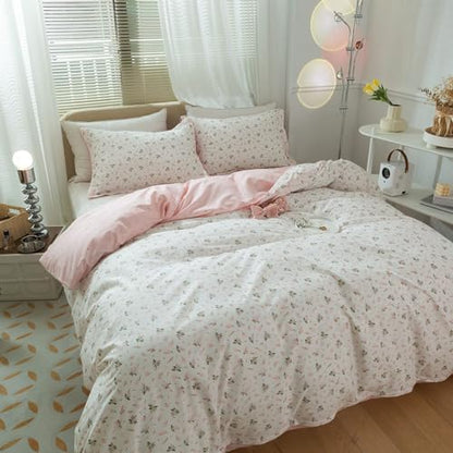Girl Floral Duvet Cover Twin Pink White Flower Print Bedding Sets Garden Style Flower Comforter Cover Cotton Aesthetic Bedding Cover Chic Floral Bedroom Collection 1 Duvet Cover with 2 Pillowcases