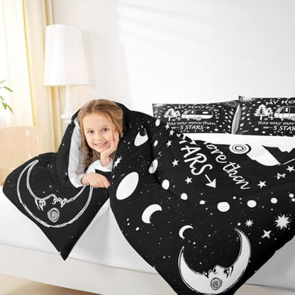 Happy Camping Comforter Set King Size,Camper RV Trailer Decor Bedding Set 3pcs for Kids Boys Girls Adults,Sun Moon Starry Sky Romantic Down Comforter,Black White Unique Duvet Insert,2 Pillowcases