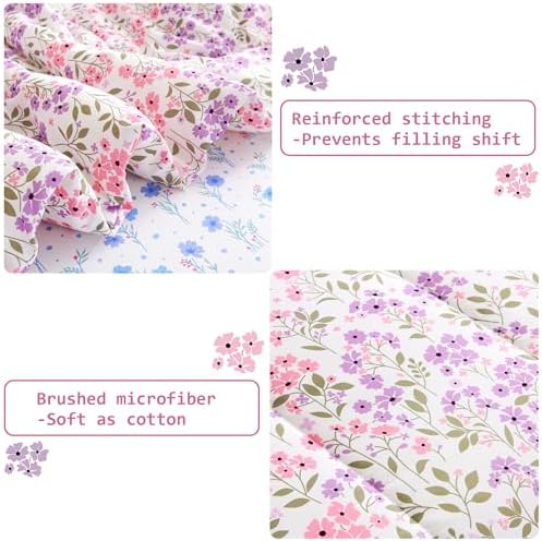 lasoftan Floral Queen Comforter Set with Sheets, 7 piece Luxury Vintage Bedding, Soft Microfiber Bed in a Bag, Cozy Lightweight Bed Set, Purple Flower Green Leaf