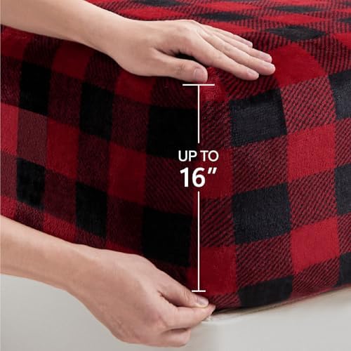 BEDELITE Plaid Flannel Sheet Set, Queen Size, Red and Black, 4 Pieces