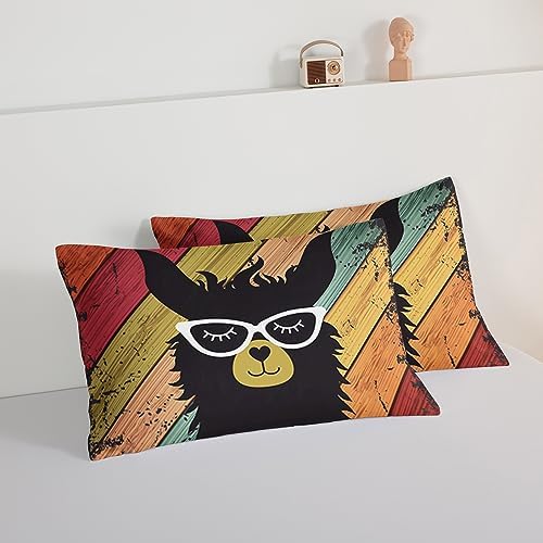 HOSIMA Llama Comforter with 2 Pillowcases Funny Room Decor,with Handsome Alpaca Pattern Vintage Colorful Wood Grain Bedding Set for Boys Girls Teens,Animal Bedding King Size Comforter Set.