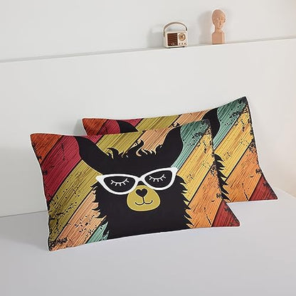 HOSIMA Llama Comforter with 2 Pillowcases Funny Room Decor,with Handsome Alpaca Pattern Vintage Colorful Wood Grain Bedding Set for Boys Girls Teens,Animal Bedding Full Size Comforter.
