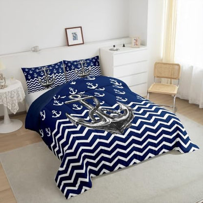 Nautical Anchor Comforter Set Queen Size Navy Blue White Geometric Stripes Bedding Set 3Pcs Kids Boys Teens Room Decor Abstract Ocean Waves Quilt Set Sea Adventure Duvet Insert,2 Pillowcases