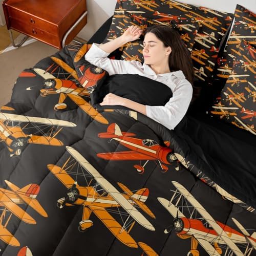 Erosebridal Cartoon Aircraft Comforter Set with Sheets King, Modern Airplane Bed in A Bag, Propeller Plane Black 7 Pcs Bedding Set for Kids Boys Men Bedroom Decor, Aviation Theme Bed Sets