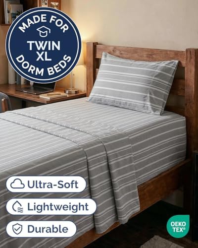 Extra Deep Twin XL Sheet Set - 3 Piece College Dorm Room - Grey Stripes