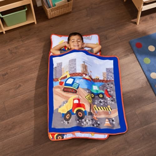 EVERYDAY KIDS Toddler Nap Mat with Removable Pillow -Under Construction- Carry Handle with Fastening Straps Closure, Rollup Design, Soft Microfiber for Preschool, Daycare, Sleeping Bag -Ages 2-6 years