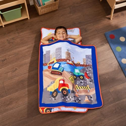 EVERYDAY KIDS Toddler Nap Mat with Removable Pillow -Under Construction- Carry Handle with Fastening Straps Closure, Rollup Design, Soft Microfiber for Preschool, Daycare, Sleeping Bag -Ages 2-6 years