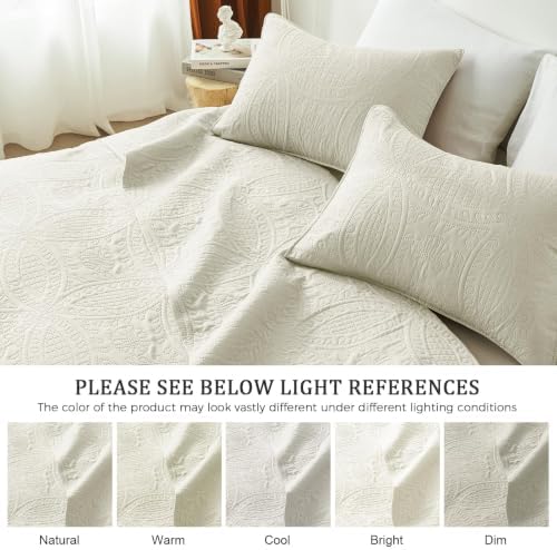 akkialla 118"x106" Cream California King Quilt Set, Oversized Floor-Length Bedspread, Modern Coin Pattern Microfiber Coverlet, 3-Piece All Season Bedding with 2 Pillow Shams