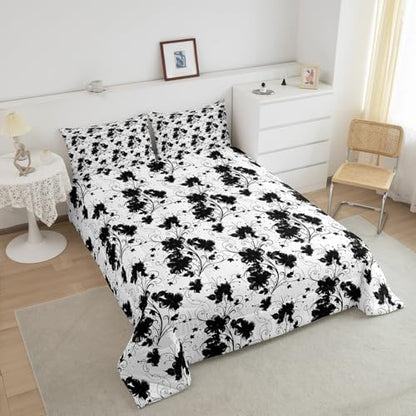jejeloiu Black Flower Comforter Set Queen Size Kids Floral Bedding Set for Boys Girls Teens Botanical Duvet Breathable Minimalist Aesthetics Quilt Bedroom Decor,1 Comforter with 2 Pillowcase