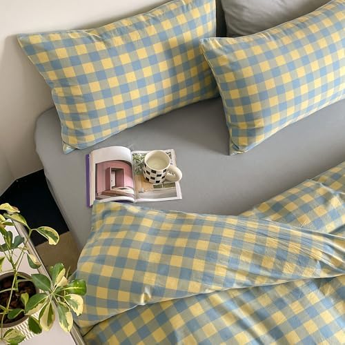 mixinni Plaid Duvet Cover Set King Yellow - Soft Washed Cotton Modern Geometric Bedding Set with 2 Pillowcases, Blue Green Gingham Grid King Duvet Cover for Men & Women, Soft & Lightweight