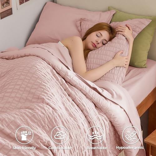 HYMOKEGE Rose Gold Twin Comforter Set Seersucker 5 Pieces, All Season Luxury Bed in a Bag Queen for Bedroom, Bedding Set with Comforter, Sheets, Pillowcase & Sham