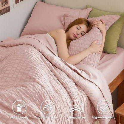 HYMOKEGE Rose Gold Twin Comforter Set Seersucker 5 Pieces, All Season Luxury Bed in a Bag Queen for Bedroom, Bedding Set with Comforter, Sheets, Pillowcase & Sham