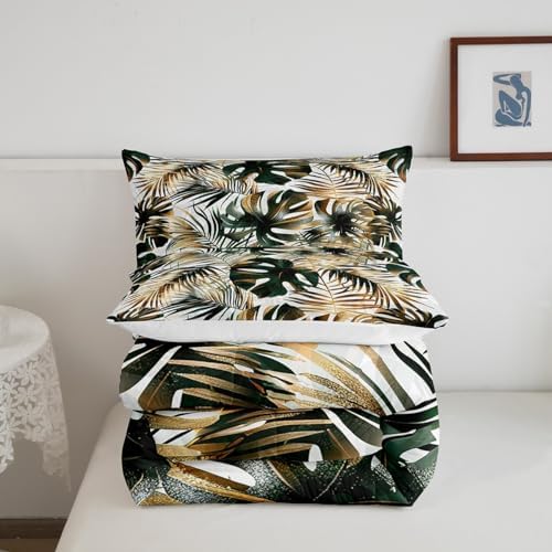 Gold Palm Tree Leaf Comforter Set Twin Tropical Botanical Bedding Set Watercolor Retro Plant Down Comforter For Kids Teens Men Women Jungle Nature Theme Quilt Duvet Set Dark Green 1 Pillow Case