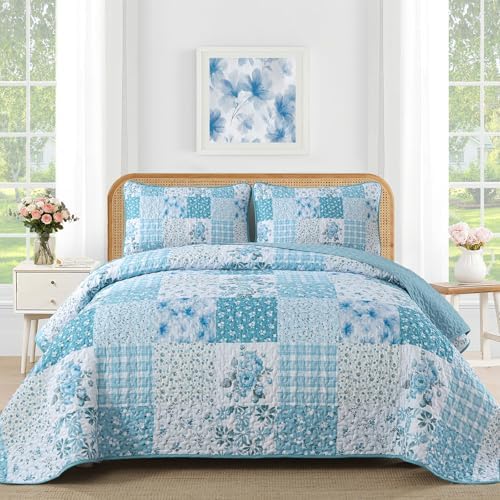Mybedsoul Blue Patchwork King Size Quilt, Floral Reversible Bedding Set