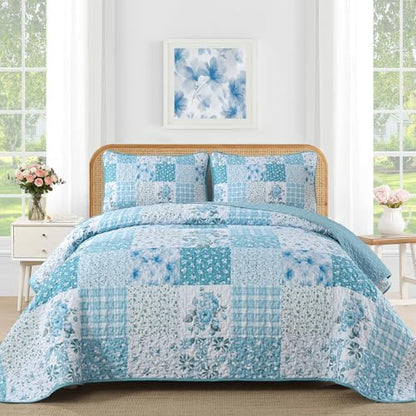 Mybedsoul Blue Patchwork King Size Quilt, Floral Reversible Bedding Set