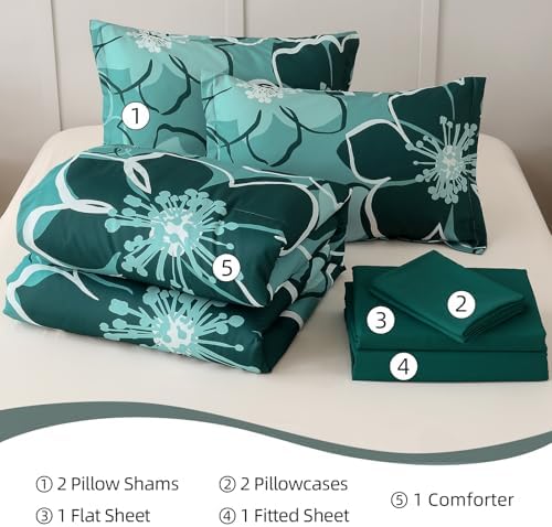 Anibedding 7Pieces Dark Green Floral Comforter Set Queen Size, Soft Microfiber Green Bed in a Bag Comforter Set with Sheets for All Season