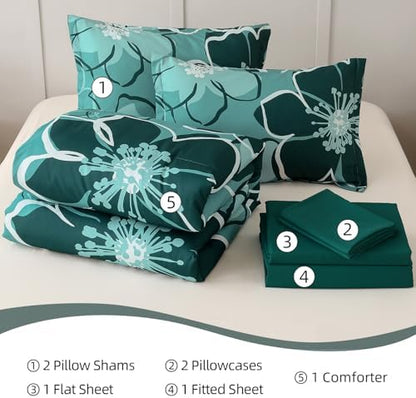 Anibedding 7Pieces Dark Green Floral Comforter Set Queen Size, Soft Microfiber Green Bed in a Bag Comforter Set with Sheets for All Season