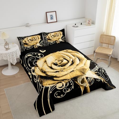 Feelyou Yellow Rose Floral Comforter Set King Size Couple Valentine's Day Botanical Comforter for Girls Women Lover Music Blossom Flowers Bedding Set Romantic Duvet Set Room Decor