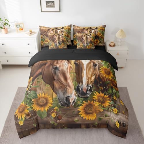 Erosebridal Horse Bedding Set Twin,Horse Sunflower Floral Comforter Set,Vintage Wooden Board(Comforter+Fitted+Flat Sheet+2 Pillowcases+2 Throw Pillow Covers) 7 Pieces Western Rustic Farmhouse Bed Set