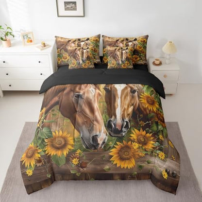 Erosebridal Horse Bedding Set King,Horse Sunflower Floral Comforter Set,Vintage Wooden Board(Comforter+Fitted+Flat Sheet+2 Pillowcases+2 Throw Pillow Covers) 7 Pieces Western Rustic Farmhouse Bed Set