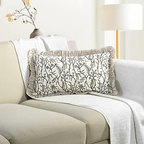 CPC Block Print Cocoa Vine Ruffle Cotton Lumbar Pillow Cover 12x20 inch