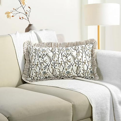CPC Block Print Cocoa Vine Ruffle Cotton Lumbar Pillow Cover 12x20 inch
