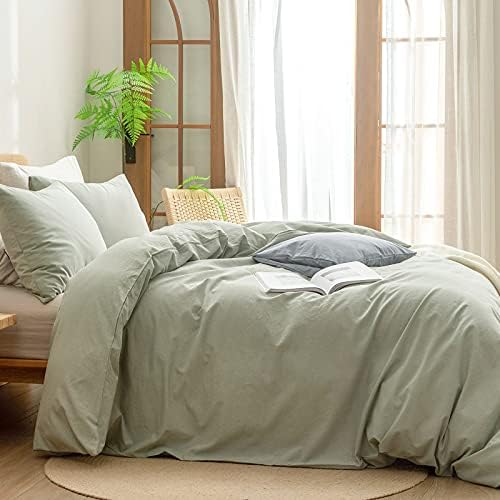 BESTOUCH Cotton Solid Duvet Cover Set Linen Feel Sage Green Super King Plus