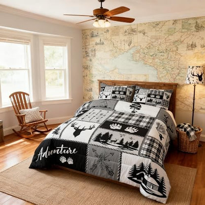 Deer Bear Comforter Set King Size,Pine Trees Christmas Bedding Set for Kids Boys Girls Adults Room Decor,Camping Adventure Rustic Farmhouse Down Comforter,Black Retro Duvet Insert,2 Pillowcases