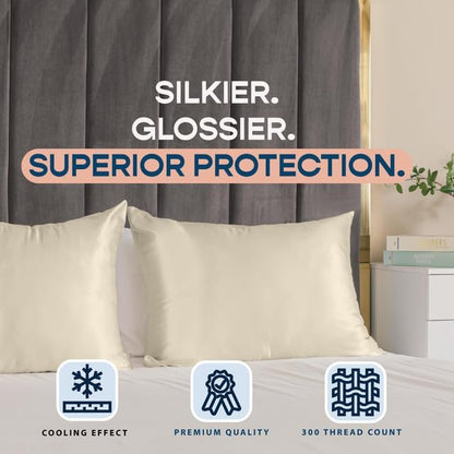 BLISSFORD Satin Pillowcase with Zipper, for Hair and Skin Care, Feels Soft and Cool Like a Silk Pillowcase, Satin Pillow Cases 2 Pack, Slik Pillow Cover, Champagne, King, Set of 2