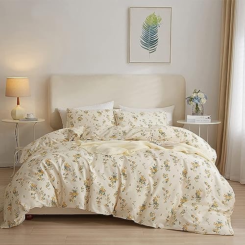 LifeTB Chic Garden Floral Twin XL Soft Cotton Yellow Floral Bedding Sets Cottagecore Botanical Comforter Cover with Zipper Closure