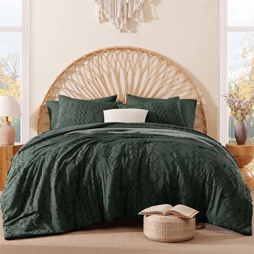 Full Size Comforter Set Dark Green Tufted Boho Geometric Bedding 7 Pieces