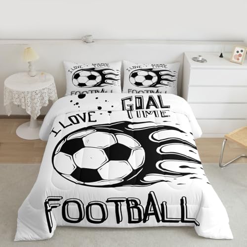 Erosebridal Soccer Bedding Full Size Football Comforter Sets for Boys Men Sports Theme Room Decor Ball Gaming Gamer Duvet Insert Kids Teens Toddler Quilt Comforter White and Black Bedroom Decor, Soft