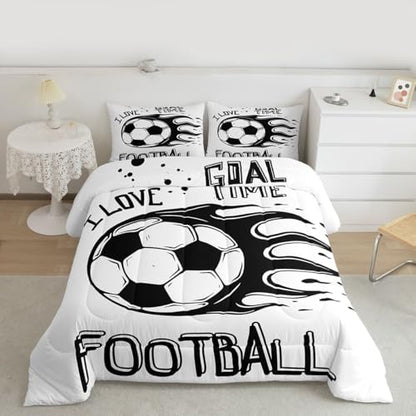 Erosebridal Soccer Bedding Full Size Football Comforter Sets for Boys Men Sports Theme Room Decor Ball Gaming Gamer Duvet Insert Kids Teens Toddler Quilt Comforter White and Black Bedroom Decor, Soft