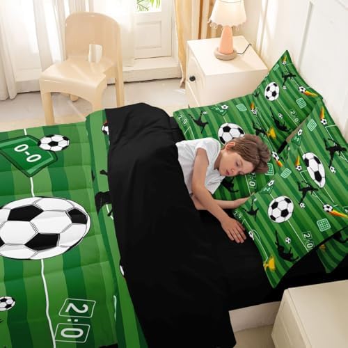 Erosebridal Green Playground Soccer Boys Kids King 7-Piece Comforter Set | Ball Games Sheets and Pillowcases Geometric Striped Bed in A Bag Football Court Gaming Bed Sets