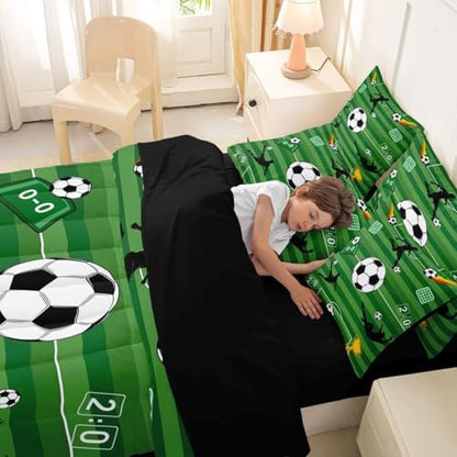 Erosebridal Green Playground Soccer Boys Kids King 7-Piece Comforter Set | Ball Games Sheets and Pillowcases Geometric Striped Bed in A Bag Football Court Gaming Bed Sets